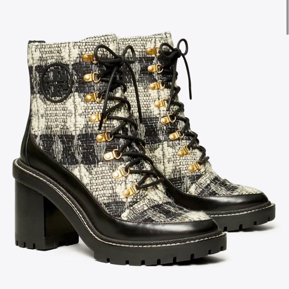 Tory Burch Miller Tweed Lug Sole Lace Up Heeled Boots Size 9.5 NWOT - Picture 2 of 11
